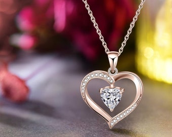 Love Heart Necklace Jewelry 18K White Gold/ Rose Gold Plated 925 Sterling Silver Birthstone Pendant Necklace Gifts for Women
