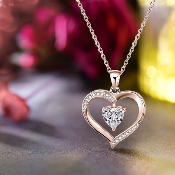 Love Heart Necklace Jewelry 18K White Gold/ Rose Gold Plated 925 Sterling Silver Birthstone Pendant Necklace Gifts for Women