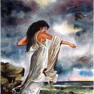 May include: Watercolour painting of a figure in a flowing white gown standing on a rocky cliff, reaching towards the stormy sea. Dark clouds and two birds fill the sky. The artwork evokes a sense of drama and emotion.