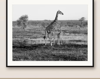 Black and White Mom and Baby Giraffe Print, Monochrome Neutral Nursery Decor (Digital Download)