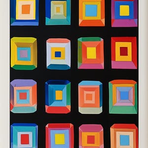 May include: A framed abstract art print featuring a grid of sixteen colorful, nested squares on a black background. Each square is a different combination of vibrant colors, including blue, yellow, orange, and pink. The artwork is displayed in a light-colored wooden frame.