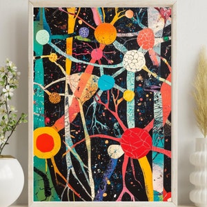 May include: Abstract art print featuring a colorful, intricate network of lines and shapes on a black background. The artwork is framed in a light wood frame.