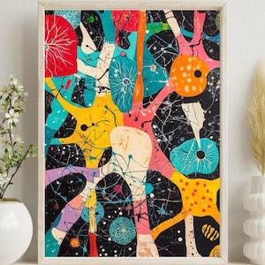 Peut inclure: Impression d'art abstrait avec un motif organique coloré sur fond noir. Le motif comprend diverses formes et lignes dans des tons de rose, jaune, bleu, vert et rouge.