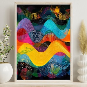 May include: Abstract painting featuring colourful, wavy lines in shades of blue, yellow, pink, red, and green. The background is black with a subtle sparkle effect.