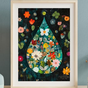 Puede incluir: Una impresión enmarcada de una gota de agua azul verdosa llena de flores y hojas coloridas sobre un fondo oscuro.