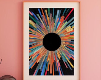 Peut inclure: Impression d'art abstrait avec un cercle noir au centre entouré de lignes colorées rayonnant vers l'extérieur sur un fond noir.
