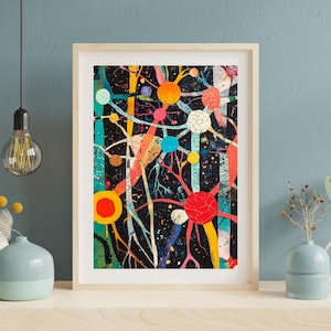 Puede incluir: Impresi&oacute;n de arte abstracto con una red intrincada y colorida de l&iacute;neas y c&iacute;rculos sobre un fondo negro. La obra de arte est&aacute; enmarcada en un marco de madera natural.