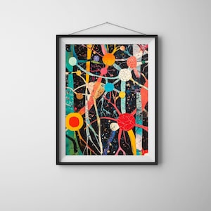 Puede incluir: Pintura abstracta con fondo negro y c&iacute;rculos y l&iacute;neas interconectados de colores vivos. Los c&iacute;rculos son de varios tonos de rojo, naranja, amarillo, azul y blanco. Las l&iacute;neas son blancas, amarillas y azules.