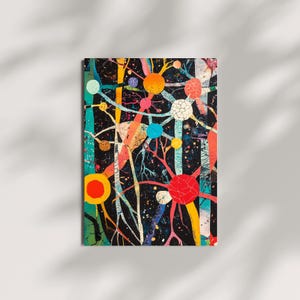 Puede incluir: Pintura abstracta con fondo negro y una red colorida de l&iacute;neas y c&iacute;rculos. Los c&iacute;rculos son en tonos de rojo, naranja, amarillo, azul y verde. Las l&iacute;neas son en tonos de azul, verde, amarillo y naranja.