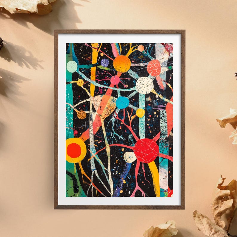 Puede incluir: Impresi&oacute;n de arte abstracto que presenta una red intrincada y colorida de l&iacute;neas y c&iacute;rculos sobre un fondo negro. La obra de arte se asemeja a una red neuronal o a un sistema complejo de elementos interconectados.