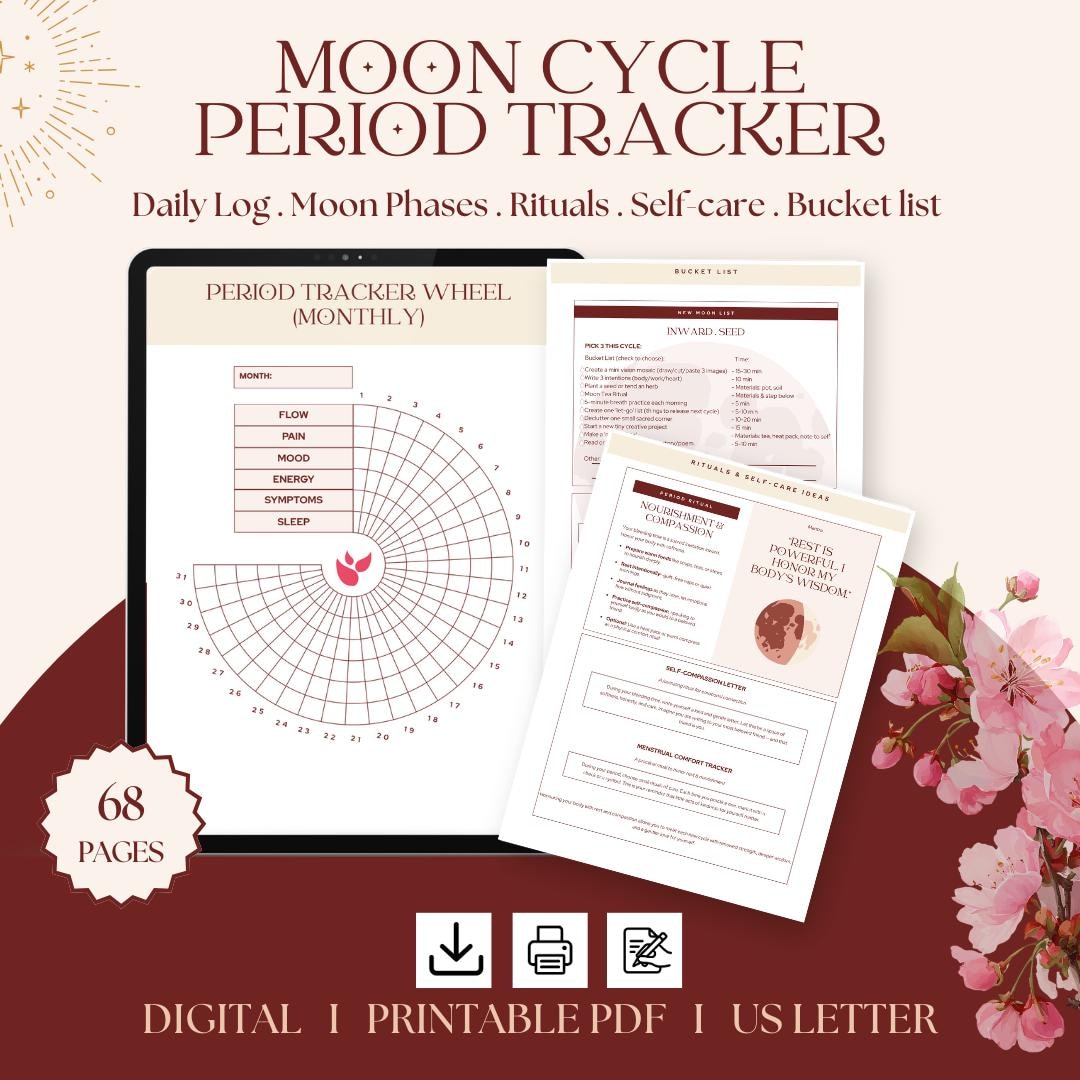 Period Cycle Tracker Printable Moon Phase Menstruation Tracking Symptom ...