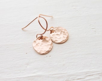 Rose Gold Earrings Round Disc Dangle Earring Every Day Earing Pink Gold Jewelry Hammered Circle Earrings Dainty Trendy Gifts Delicate