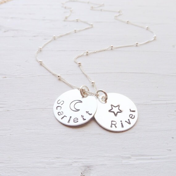 Star Moon Name Necklace Handstamped Necklace Personalized | Etsy