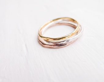 Hammered Thin Rings Set of 3 Sterling Silver Rose Gold Gold Filled Wispy 1mm Textured Stacking Rings Minimalist Boho Luxe Gifts