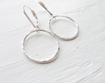 Hammered Circle Earrings in Sterling Silver | Bridesmaid Jewelry | Gift for Women | Dainty Dangle Drop | Handmade Leverback Earing