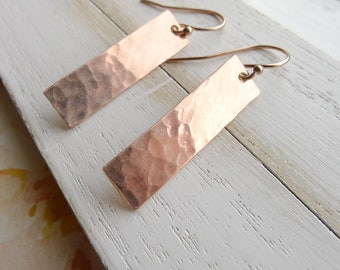 Rose Gold Pounded Earrings | Dainty Earings | Rectangle Dangle | Hammered Metal Earring | Delicate Minimal | Gift for Her