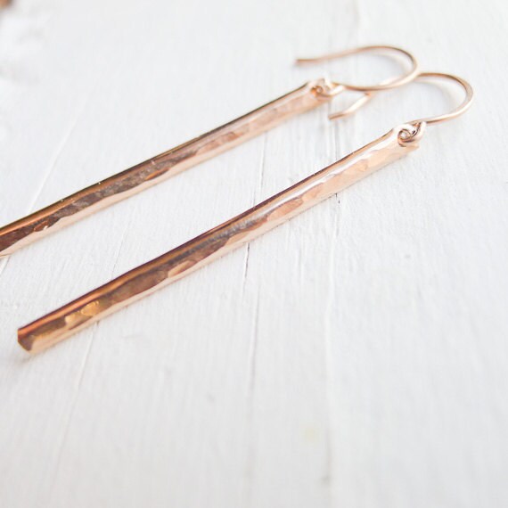 Rose Gold Stick Earrings Hammered Earing Rose Gold Earring Drop Bar Earrings Jewelry Gifts for Friends Modern Jewellery Minimal Sleek Long