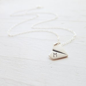 Paper Airplane Necklace - Dainty Origami Pendant - Monogrammed Silver Charm - Personalized Initial - Air Plane image 2