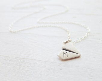 Paper Airplane Necklace - Dainty Origami Pendant - Monogrammed Silver Airplane Charm - Personalized Initial Necklace - Air Plane Necklace