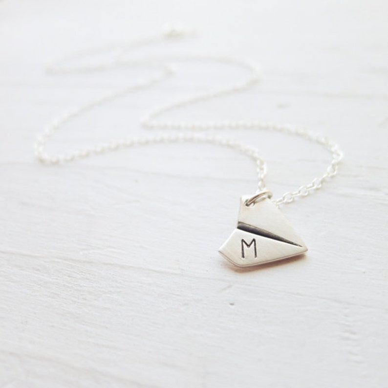 Paper Airplane Necklace Dainty Origami Pendant Monogrammed Silver Airplane Charm Personalized Initial Necklace Air Plane Necklace image 1