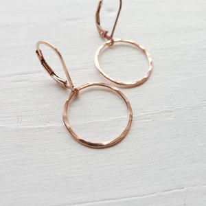 Everyday Rose Gold Earrings Drop Dangle Hammered Circle Leverback Latch Back Delicate