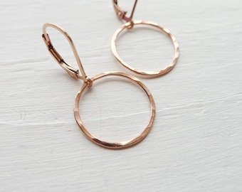 Everyday Rose Gold Earrings Drop Dangle Hammered Circle Leverback Latch Back Delicate