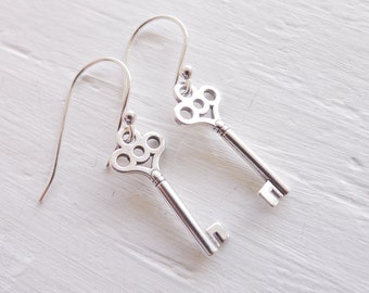 Key Earrings Sterling Silver Skeleton Key Earrings Lightweight Dangle Earings