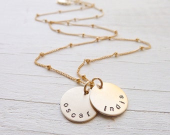 Gold Name Necklace | Petite Personalized Mommy Charms | Baby Shower Gift Ideas | Mom Medallion Discs | Handstamped Jewelry