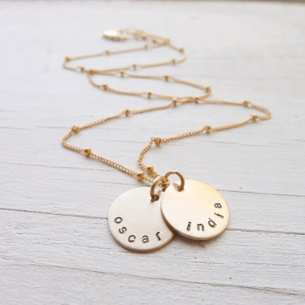 Gold Name Necklace | Petite Personalized Mommy Charms | Baby Shower Gift Ideas | Mom Medallion Discs | Handstamped Jewelry