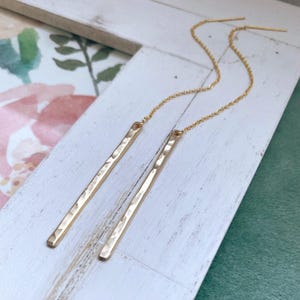 Gold Thread Earrings Hammered Bar Earings in Goldfilled Line Ear Threads or Threaders Long Pounded Texture