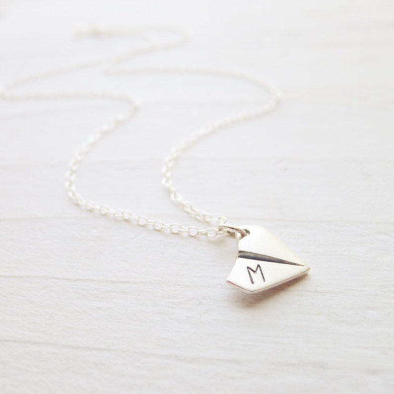 Paper Airplane Necklace - Dainty Origami Pendant - Monogrammed Silver Charm - Personalized Initial - Air Plane image 7