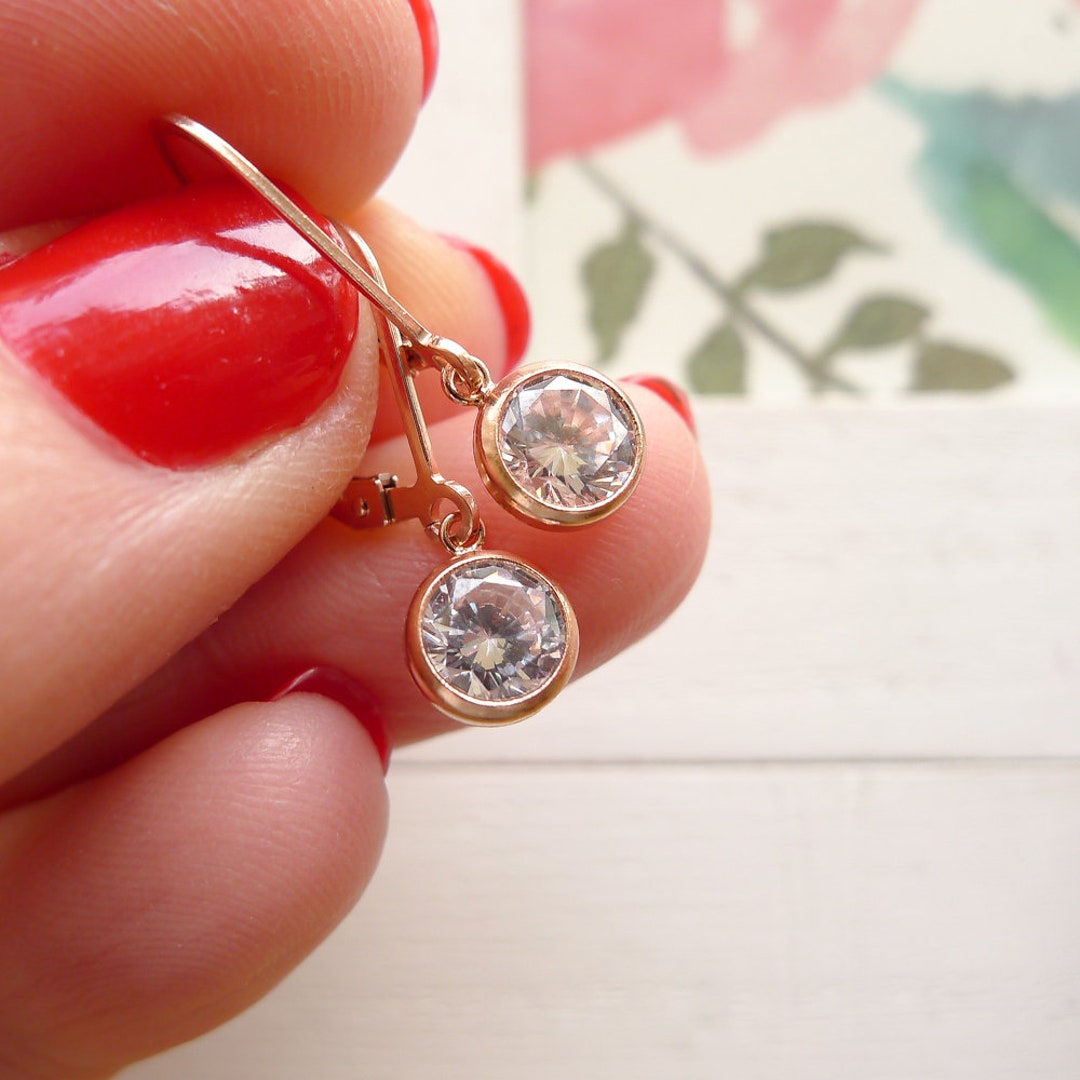 Dainty Rose Gold Leverback Earrings CZ Cubic Zirconia Dangle Etsy