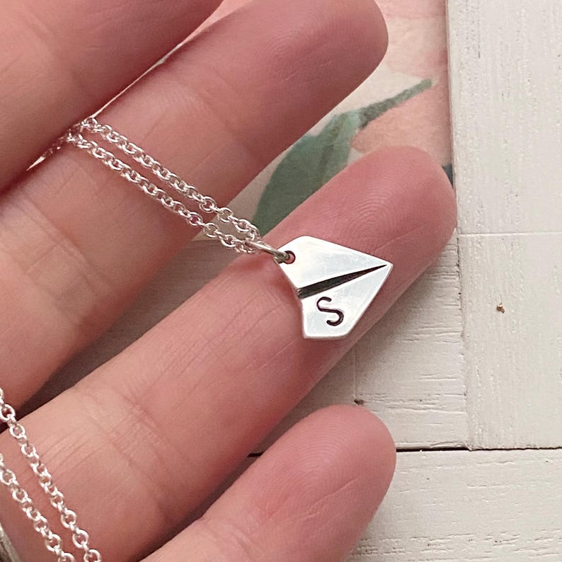 Paper Airplane Necklace - Dainty Origami Pendant - Monogrammed Silver Charm - Personalized Initial - Air Plane image 6