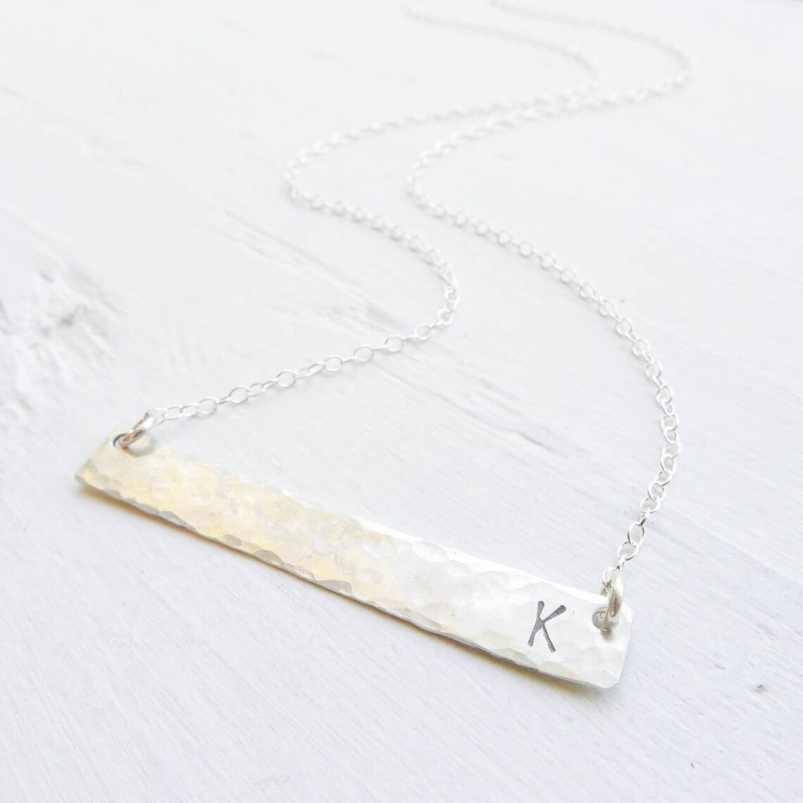 Sterling Silver Bar Necklace Silver Initial Hammered Jewelry Etsy