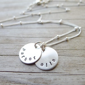 Personalized Mini Mom Necklace Petite Sterling Discs with Names Handstamped Mothers Jewelry Family Name Discs Pendants with Children Names image 1