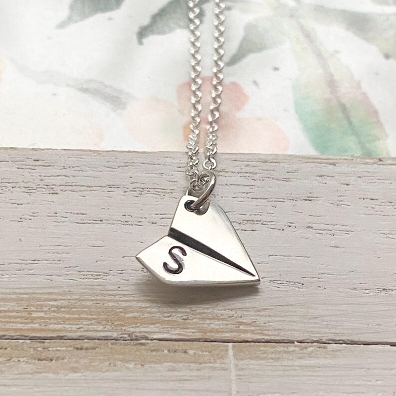 Paper Airplane Necklace - Dainty Origami Pendant - Monogrammed Silver Charm - Personalized Initial - Air Plane image 5