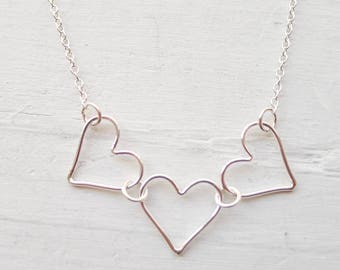 Three Heart Necklace Wire Heart Pendants Three Sisters Gift 3 Best Friend Necklaces Open Heart Charm Sterling Silver Heart Necklace Gifts