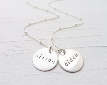 Mom Necklace - Sterling Silver Engraved Kids Names Necklaces Hand Stamped Personalized Charms for New Mom Mommy Necklace Mother