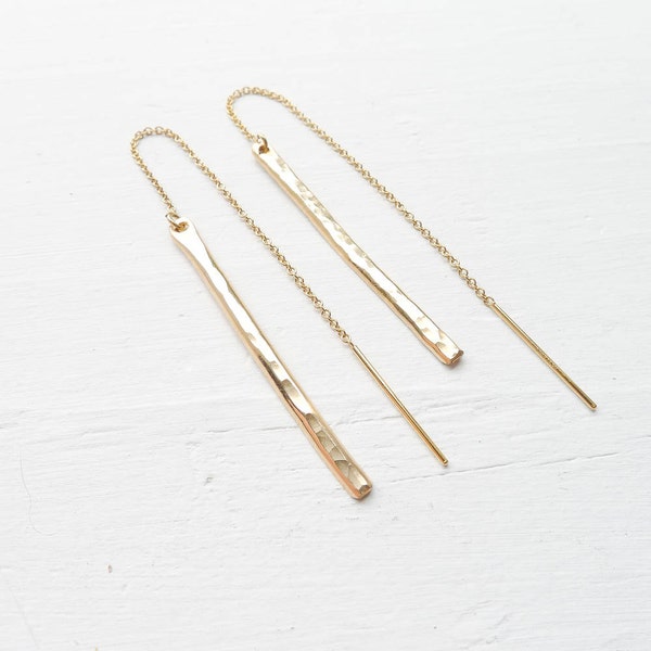 Gold Thread Earrings Hammered Bar Earings in Goldfilled Bars on Ear Threads Line Threaders Long Ear rings