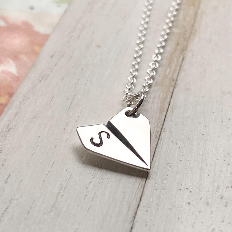Paper Airplane Necklace - Dainty Origami Pendant - Monogrammed Silver Charm - Personalized Initial - Air Plane image 3