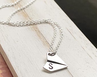 Paper Airplane Necklace - Dainty Origami Pendant - Monogrammed Silver Charm - Personalized Initial - Air Plane
