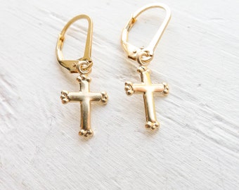 Gold Cross Leverback Earring Dainty Lever back Earings with Gold Filled Crosses