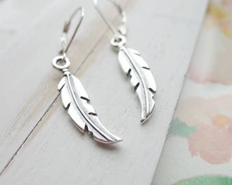 Feather Earrings Sterling Silver Leverback Dangle Boho Jewelry