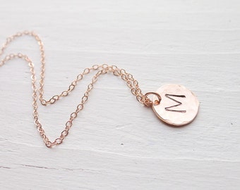 Rose Gold Initial Jewelry Rose Gold Monogram Pendant Rosegold Necklace Hammered Pink Gold Necklace Personalized Gift Circle Charm