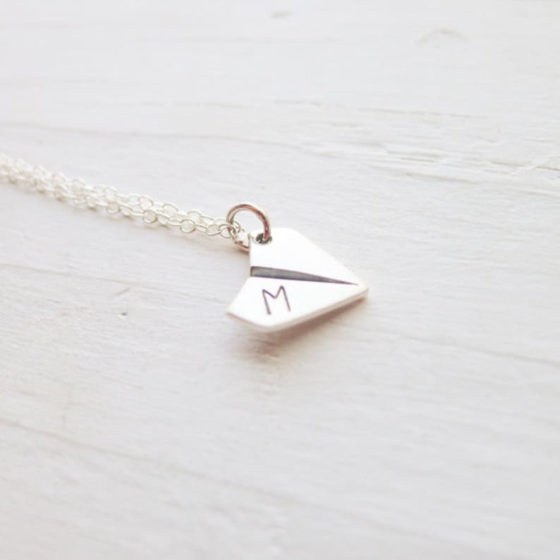 Paper Airplane Necklace - Dainty Origami Pendant - Monogrammed Silver Charm - Personalized Initial - Air Plane image 4