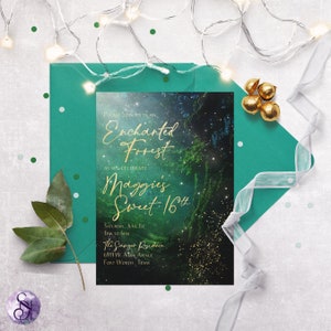 May include: A green and gold invitation with a forest background and sparkling lights. The text reads "Please join us in an Enchanted Forest as we celebrate Maggie's Sweet 16th. Saturday, June 1st, 1pm to 6pm. The Sawyer Residence, 6911 W. Main Avenue, Fort Worth, Texas."