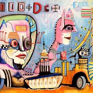 May include: Abstract painting with the text "2000 + D C" and "FAILURE". The artwork features stylized figures, a vehicle, and architectural elements in a vibrant color palette of pink, blue, yellow, and orange.
