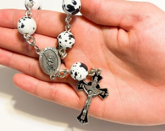 10 1/2 inch white and dark black glass beaded auto rosary
