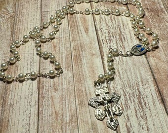 25 Inch White Pearl 8 MM Beaded Rosary