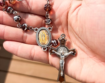 Metallic Brown Perlen Rosenkranz unserer Dame von Guadalupe - handgefertigt aus Edelstahl